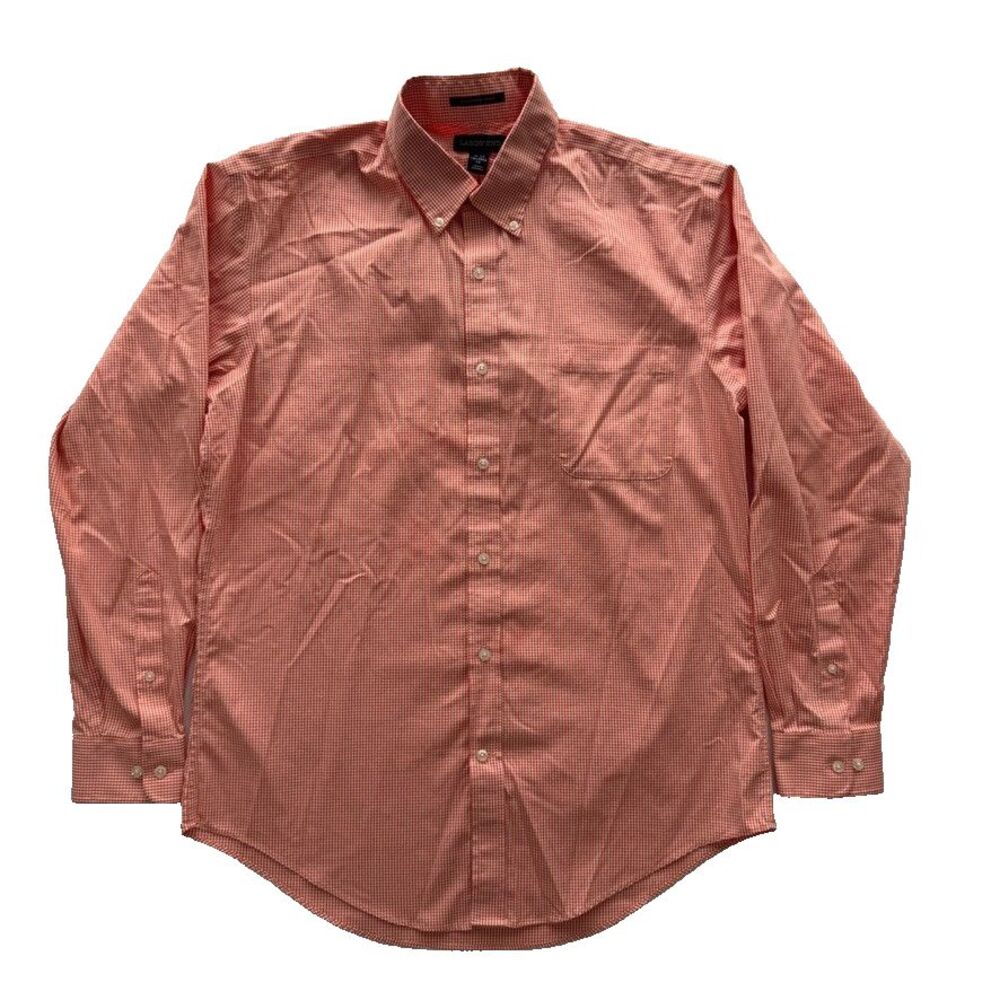 Lands End Shirt Mens 16-34 Orange Gingham No Iron Pinpoint Oxford Tailored Fit
